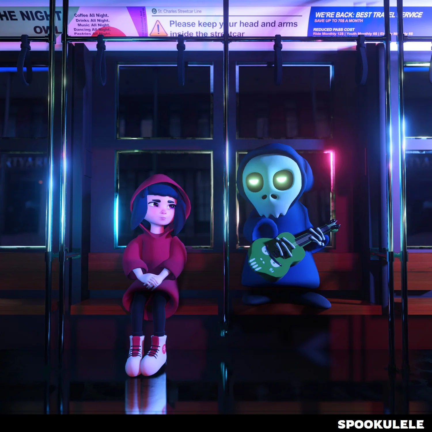 Haru and Spooky sit together under neon light.