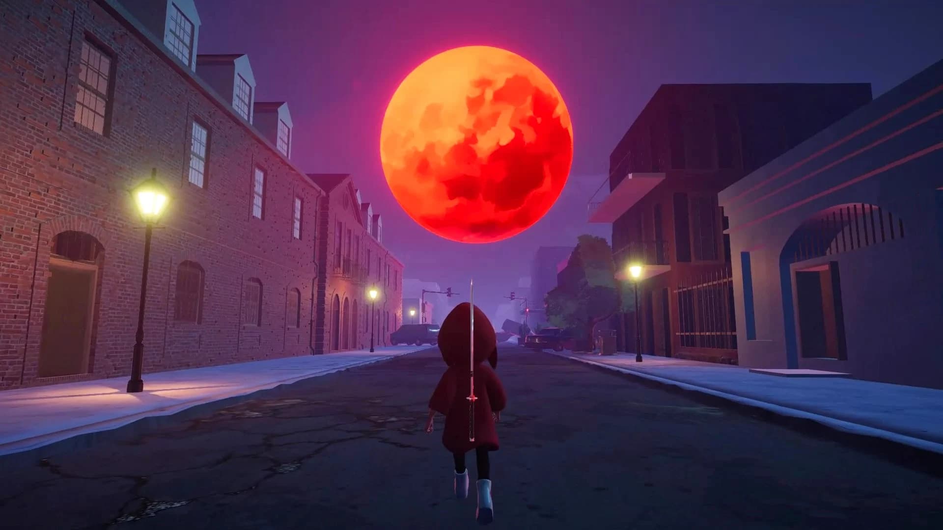 Haru faces a blood-red moon on a haunted New Orleans street.