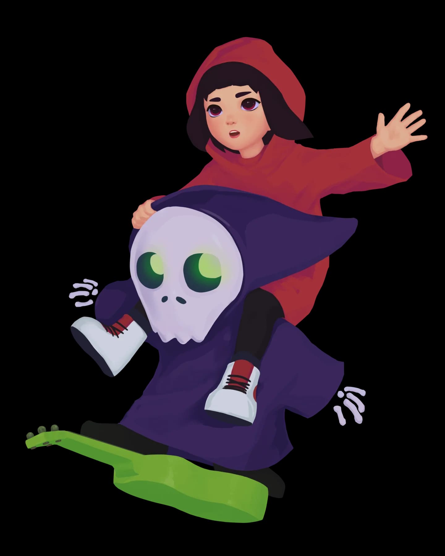 Haru rides on Spooky's shoulders as they surf on his ukulele.